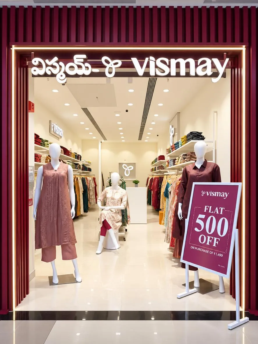 Vismay Hyderabad: storefront with a maroon slatted frame, backlit signage and mannequins at the entrance