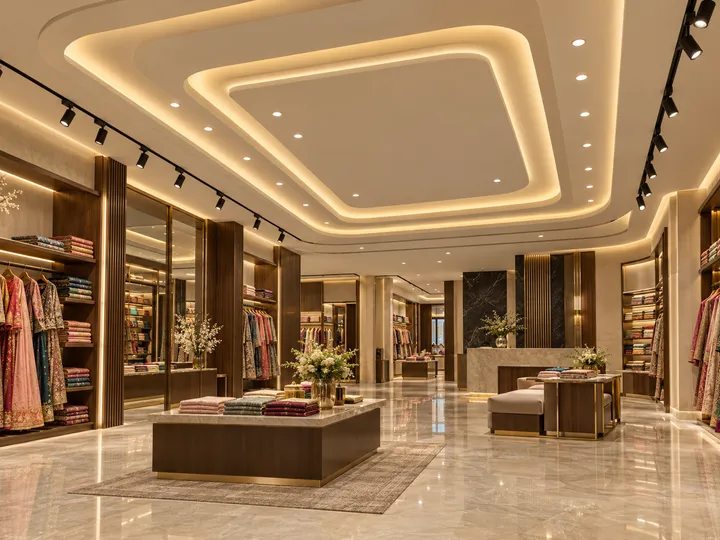 Illustration: fashion showroom with a layered cove-lit false ceiling, recessed lights and track spotlights