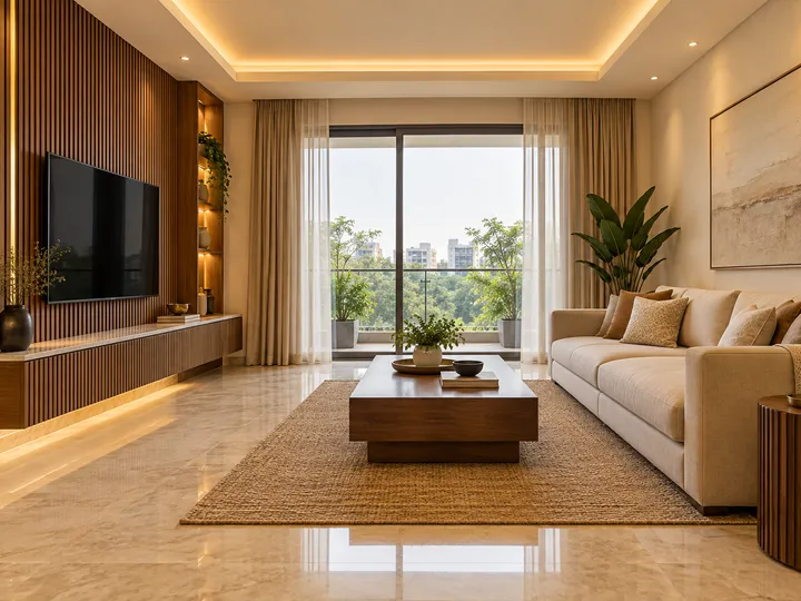 Illustration: living room with a fluted wood TV wall, cove-lit ceiling, beige sofa and marble-finish floor